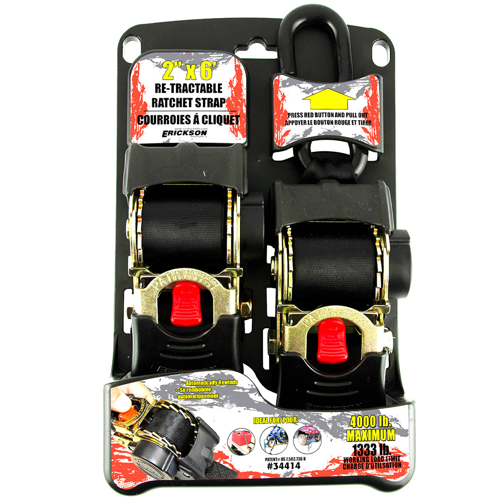 Courroies à cliquet rétractables Re-Tractable 2 po x 6 pi noires, rupture 4 000 lb, la paire, Erickson (34414)